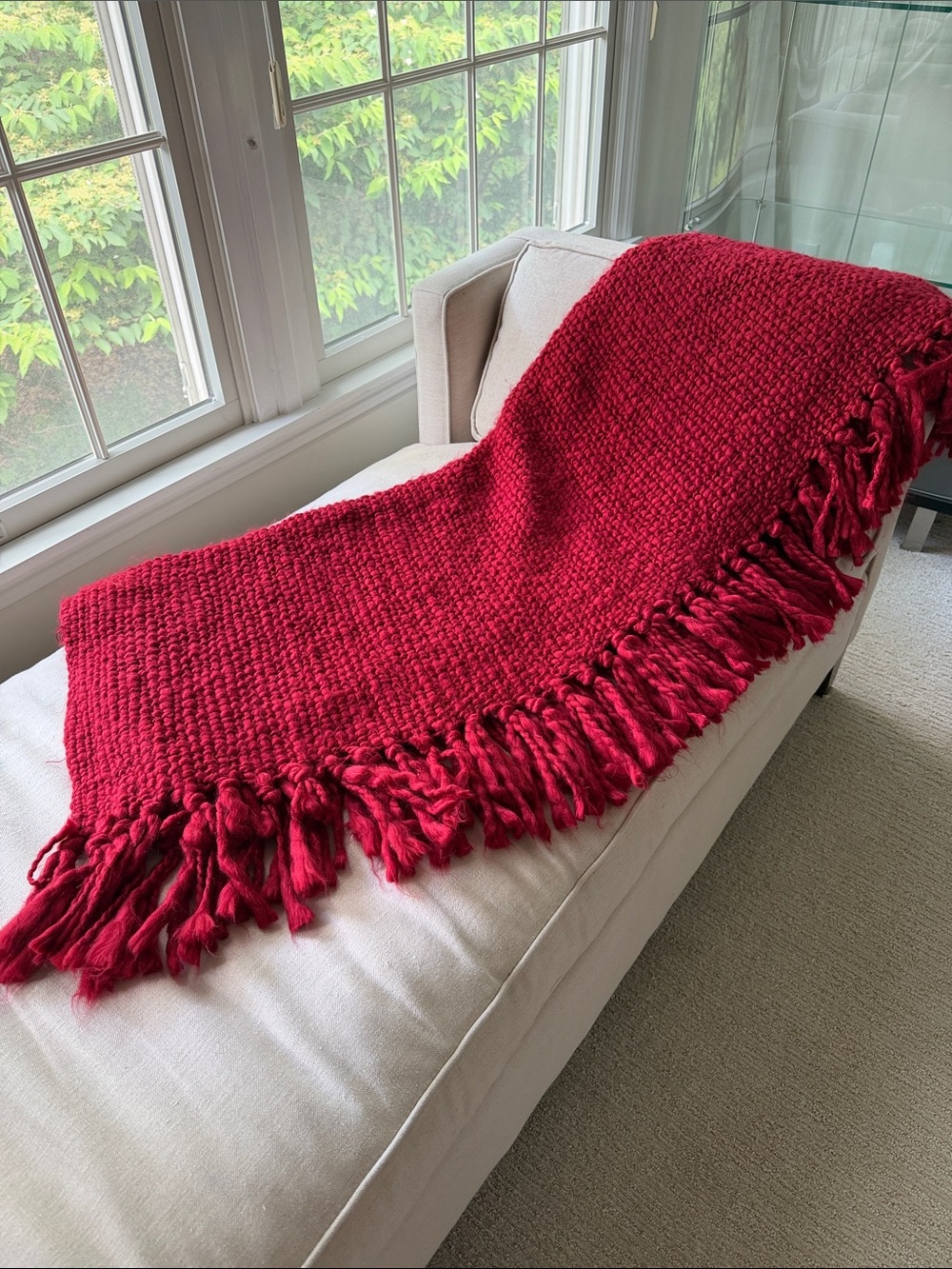 Pottery Barn Chunky Red Knit Throw with Fringe